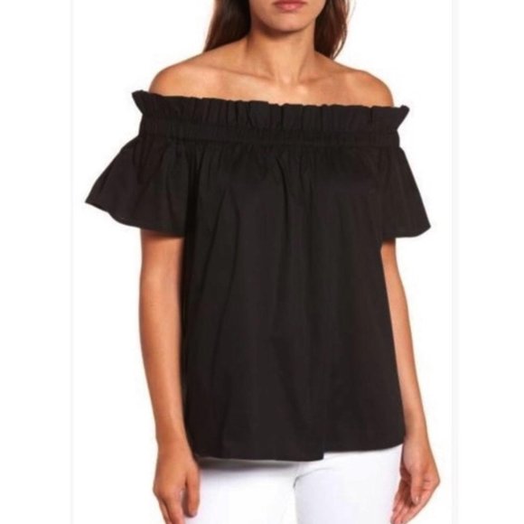 Pleione Tops - Pleione Black On Off Shoulder Ruffle Neckline Cotton Top